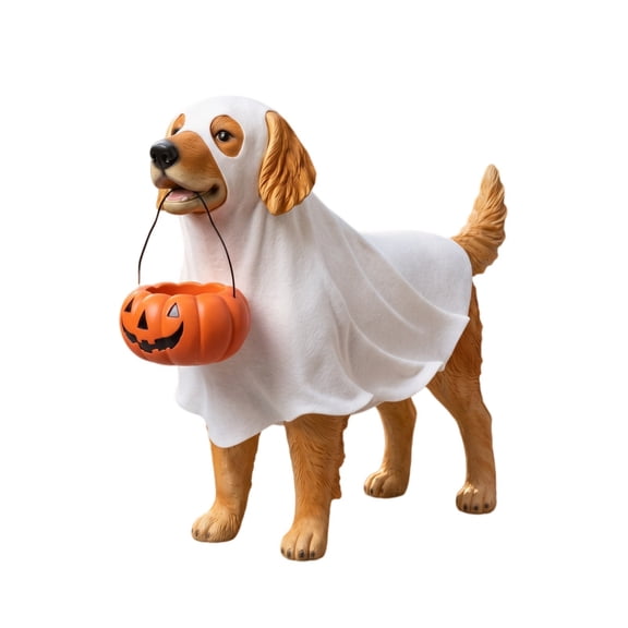Halloween Resin Dog Indoor Decor, Fall Animal Statues for Homes Yards Garden Table Party Decor (White) Fall Decorations with Small Pumpkin.