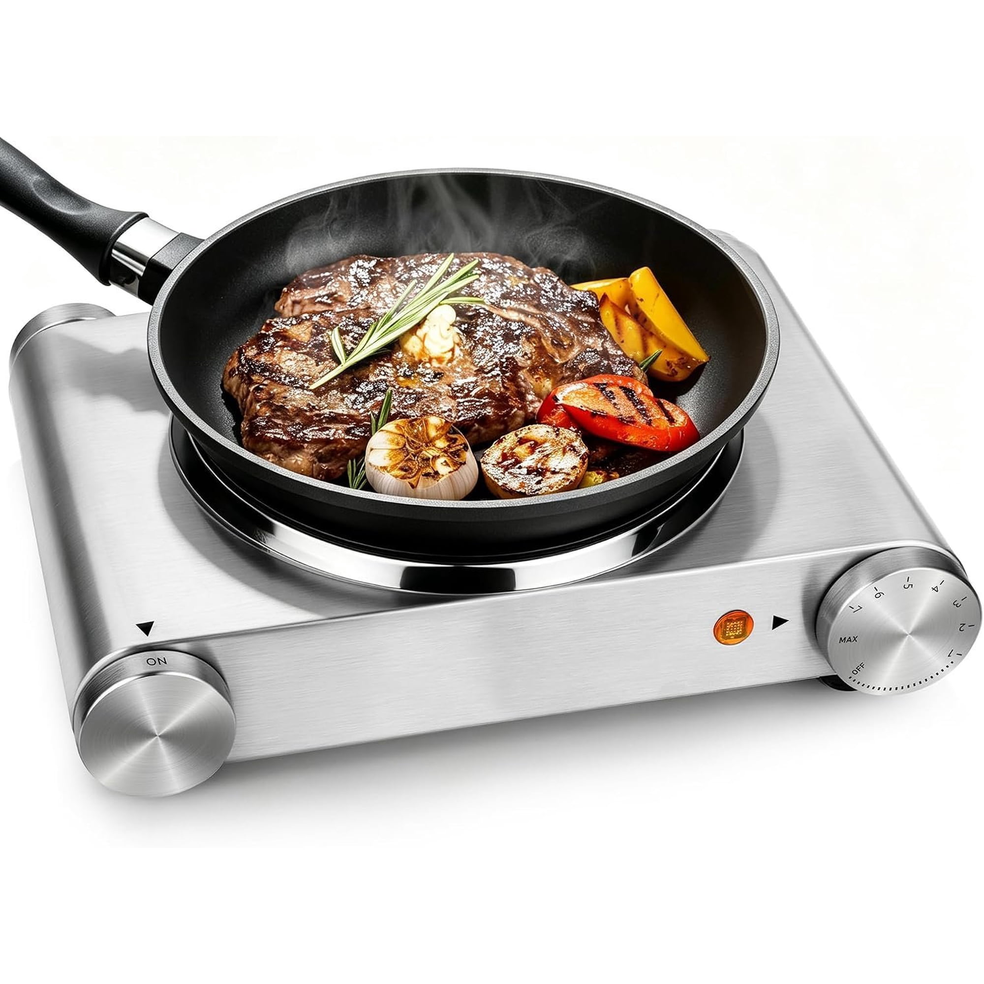 Hot Plate, Electric Burner 1500W Single Burner for Cooking, | Durable Portable Cast Iron Cooktop with Adjustable Temperature Control, Works with Cookware, Stainless Steel Easy Cleanup