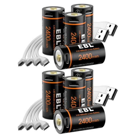 EBL CR123A Lithium Battery 8 Pack, 3V 800mAh Flashlight Replacement CR123A Batteries with Micro USB Cable for Arlo Camera