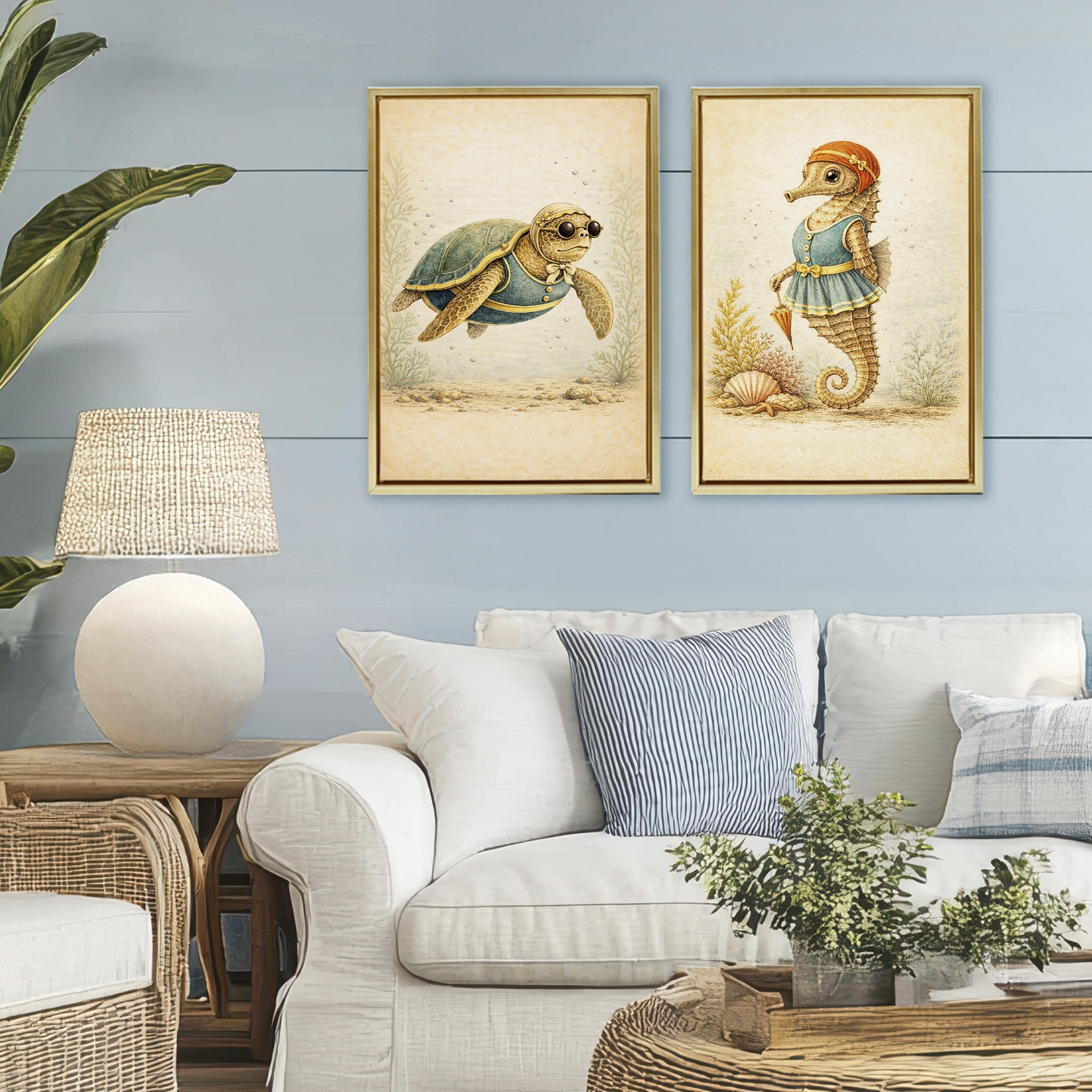 Stupell Industries Vintage Maritime Bathing Animals 2 Piece Gold Framed Floater Canvas Set, design by Grotto Studios