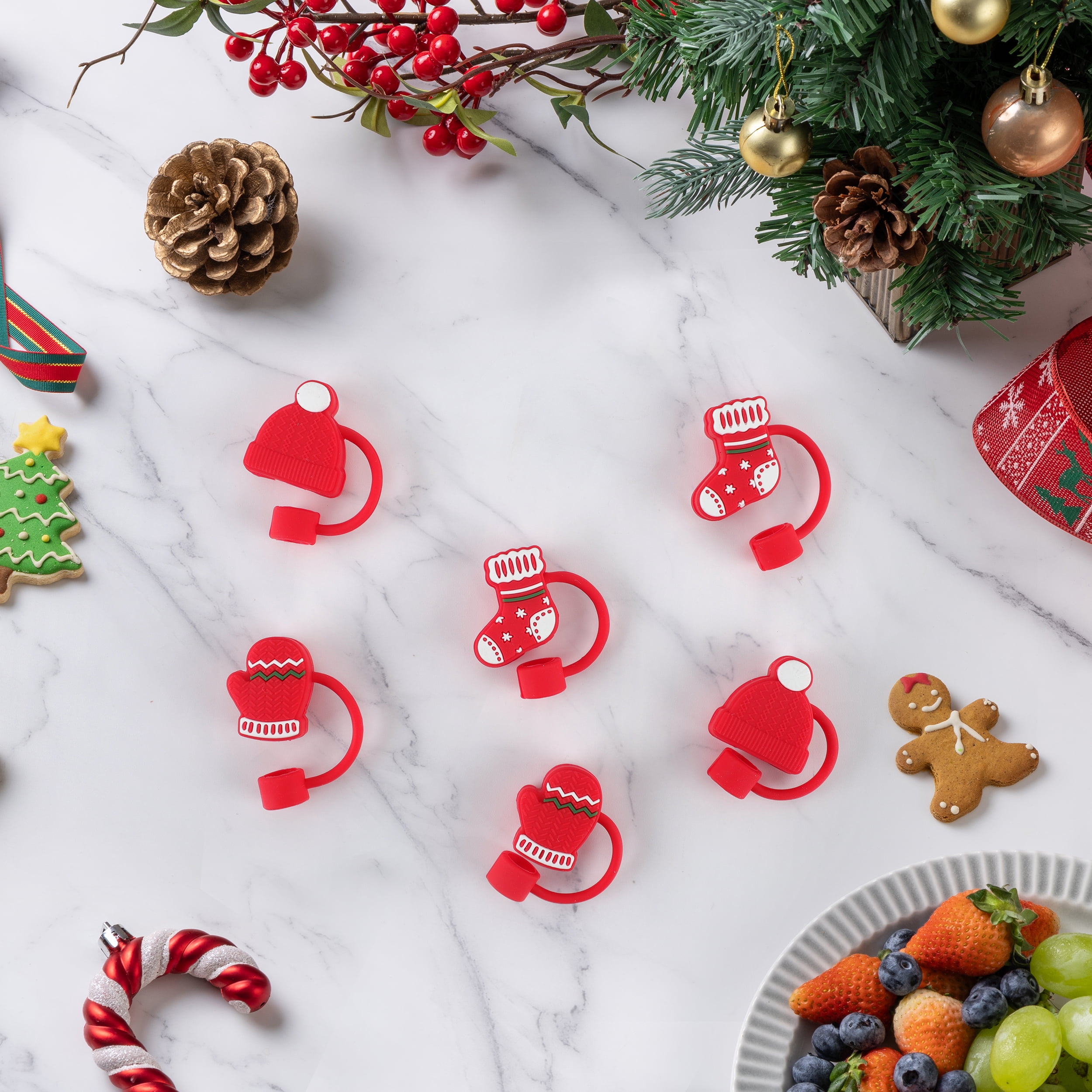 Cook With Color 6-Piece Silicone Holiday Straw Toppers – Stocking, Mitten & Santa Hat Designs, Reusable & Dishwasher Safe