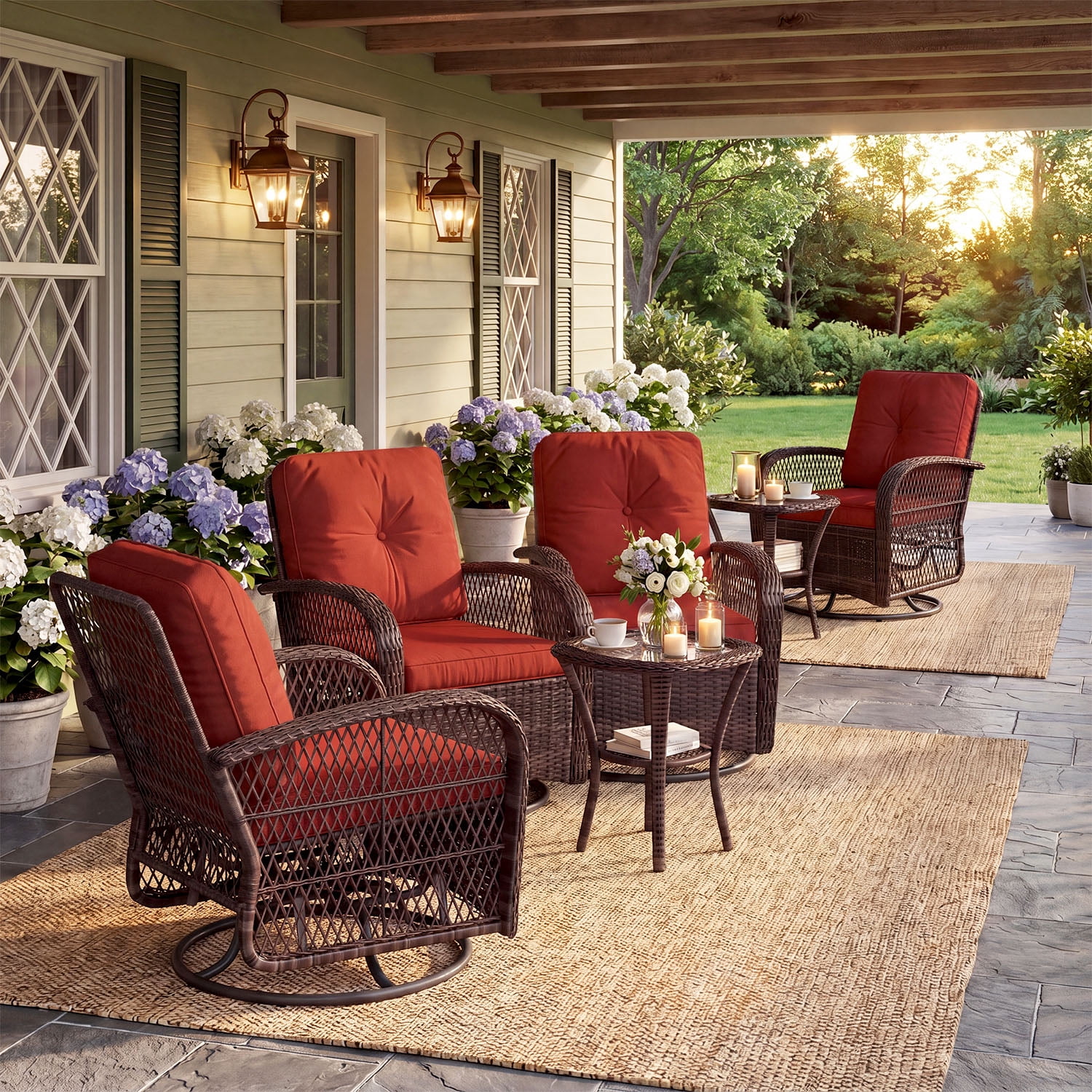 BaPiPro 6-Piece Outdoor Swivel Rocker Wicker Patio Furniture Set, All-Weather Resistant Brown Rattan Conversation Set with Wine Red Cushions & Tempered Glass Side Tables for Porch, Deck, Backyard