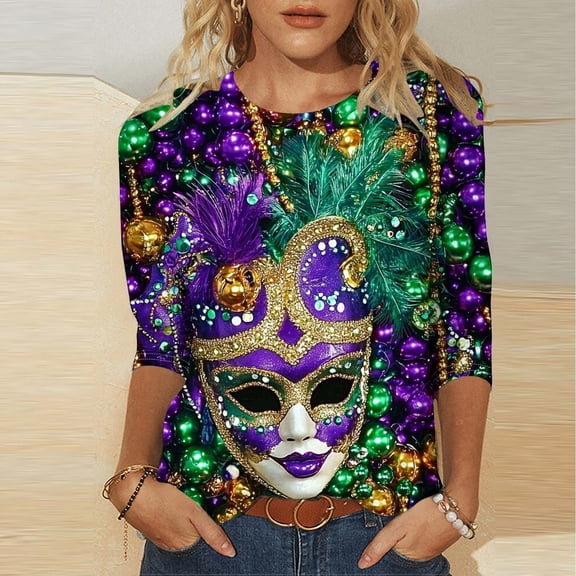 Women Mardi Gras Tee Shirts Plus Size Masked Graphic Tees 3/4 Sleeve Loose Fitted Tops Comfy Soft Crew Neck Carnival Party Blouse Celebration Outfits