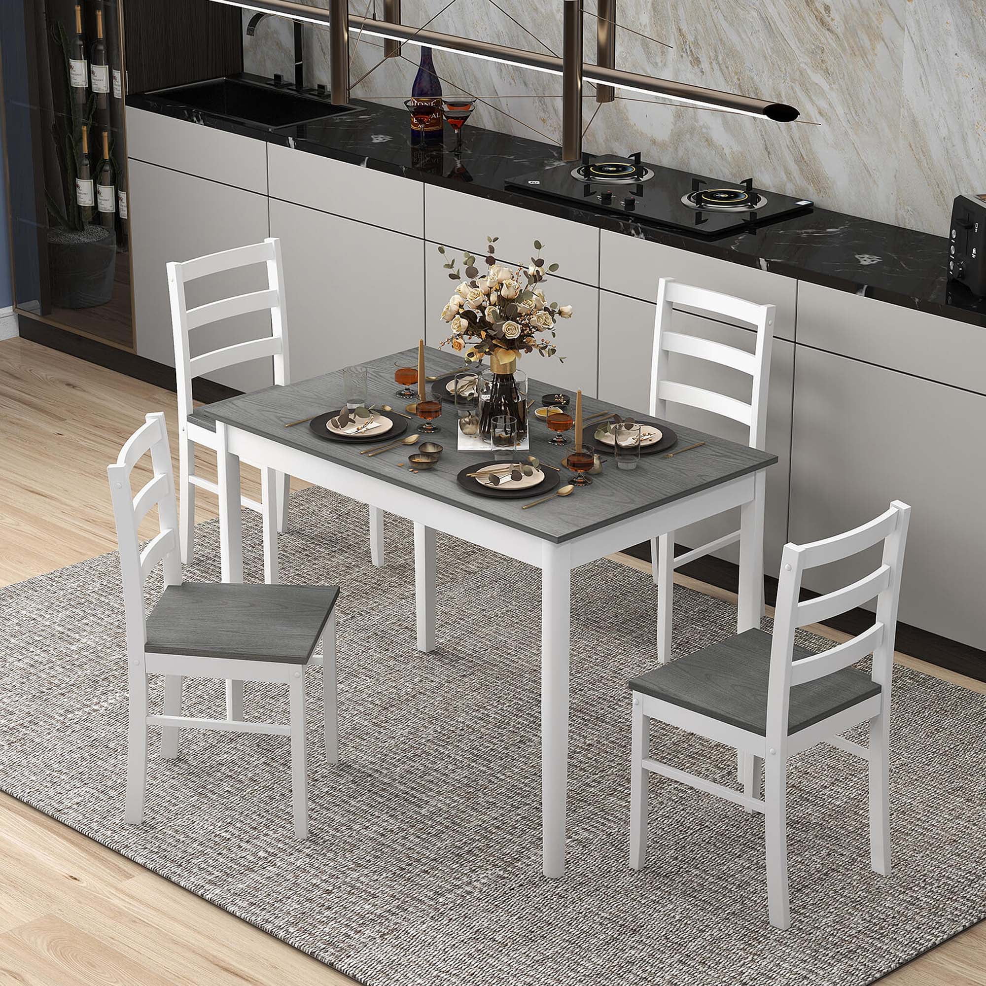 Costway 5-Piece Dining Set Solid Wood Kitchen Furniture with Rectangular Table & 4 Chairs Grey