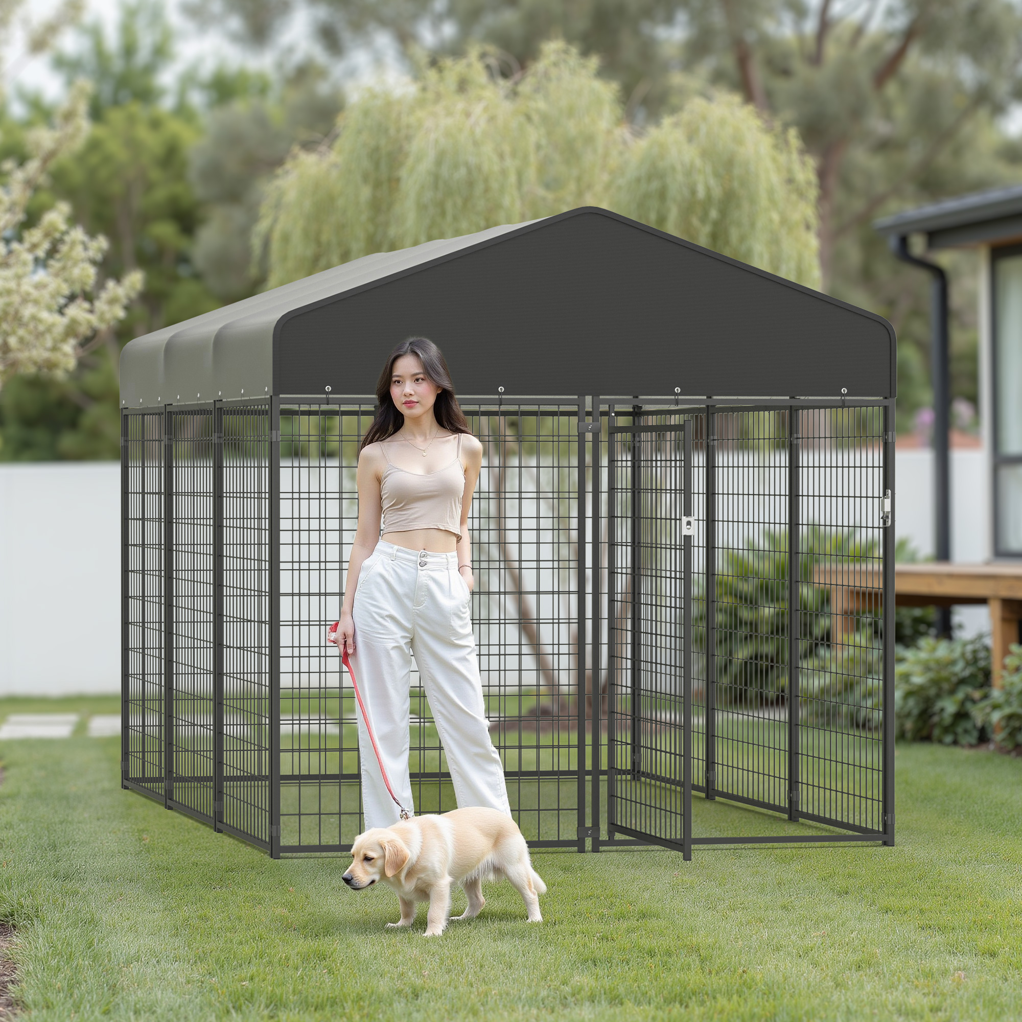Large Dog Crate Heavy Duty Dog Kennel Outdoor Dog Playpen w/ Waterproof Cover 10×6.4×6.5ft Dog Crates For Large Dogs Dog House Outdoor Dog Enclosure