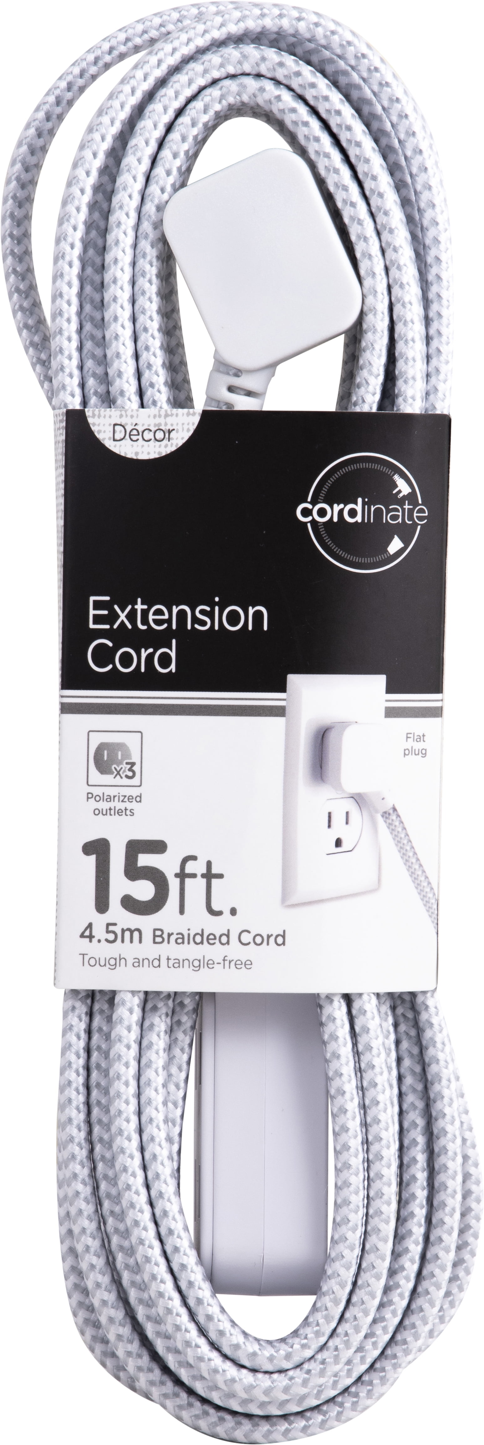 Cordinate 3 Outlet Extension Cord, 15 ft Cable, Gray/White, 43431