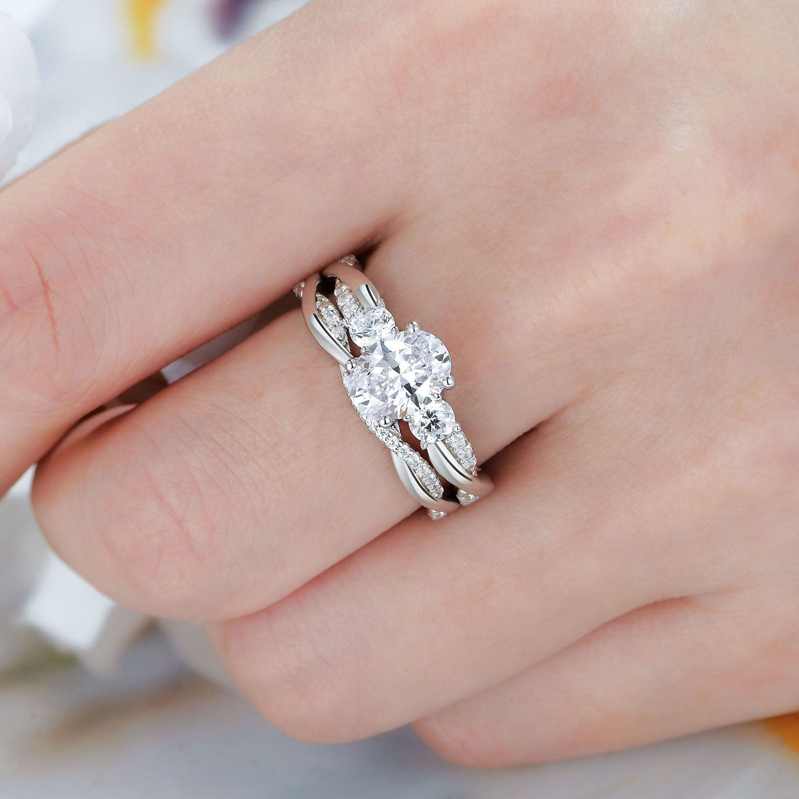 Wuziwen 2 Ct Oval Three Stone Wedding Ring Sets Infinity Bands 925 Sterling Silver Rings for Woman Cz Size 6