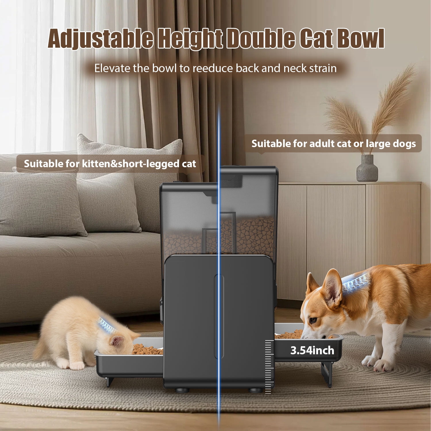 Automatic Cat Feeder, 5L/20 Cup Timed Food Dispenser, Adjustable Height, Voice Call, with 5G Wi-Fi APP Control, 2 Pet Bowls for 2 Cats and Dogs