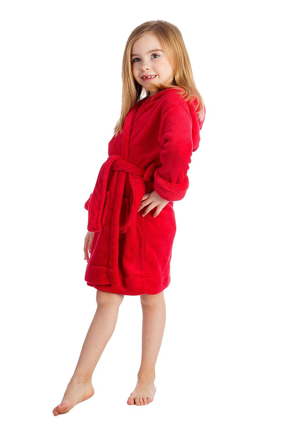 Kids Dressing Gowns Plain Solid Colors Super Soft Fleece Snuggle Nightwear Sleepwear Hooded Robes for Boys and Girls 