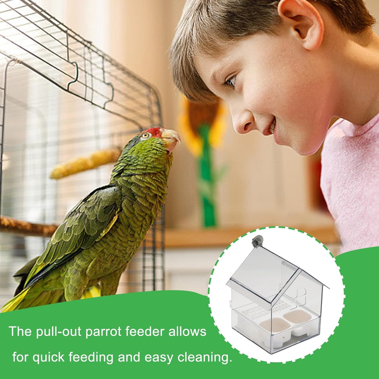 Pull-Out External Parrot Feeder – Hanging Wild Bird Seed with Squirrel Proof Tray & Transparent Bird Bath Tub​