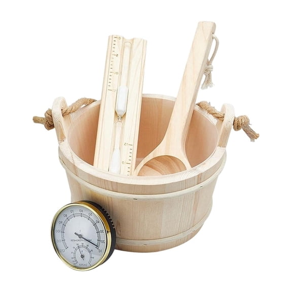 Ywmsfl Sauna Accessories Set Includes Wood Bucket Long Handle Spoon Hourglasses Thermograph for Room Bathroom Enduring