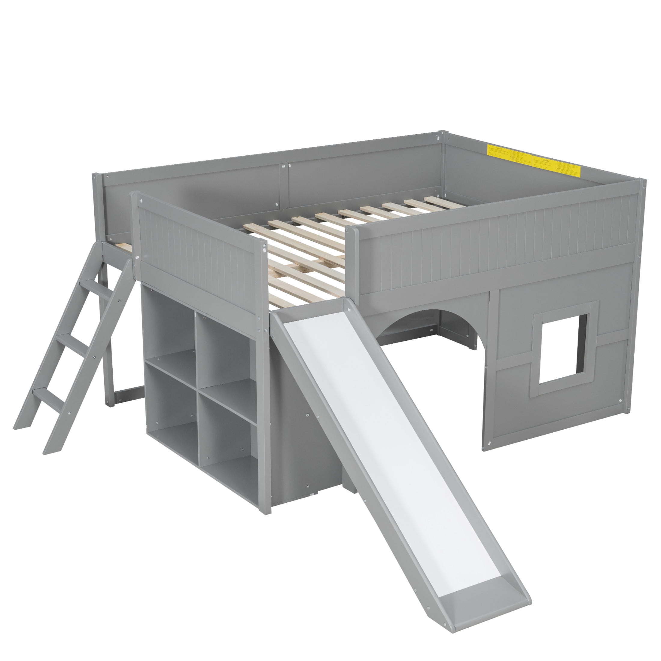Noble House Seaman Full Size Low Loft Bed with Slide and Storage Shelves, Pine Wooden Playhouse Bed, Gray