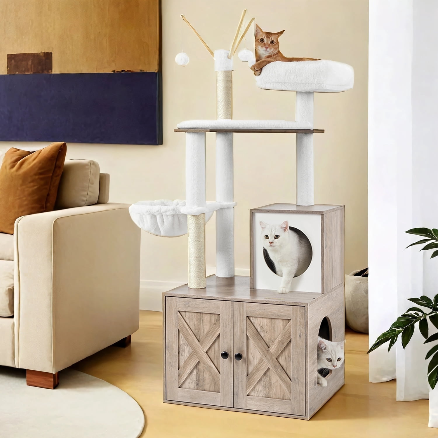 LEDREM 59-Inch 2-in-1 Cat Tree, Litter Box Enclosure, Modern Cat Tower with Scratching Posts, Removable Pompoms, Space-Saving Design, Greige