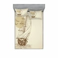 thumbnail image 2 of Ambesonne Nautical Fitted Sheet & Pillow Sham Set, Sailing Ship Birds Sun, Twin, Tan Brown, 2 of 3