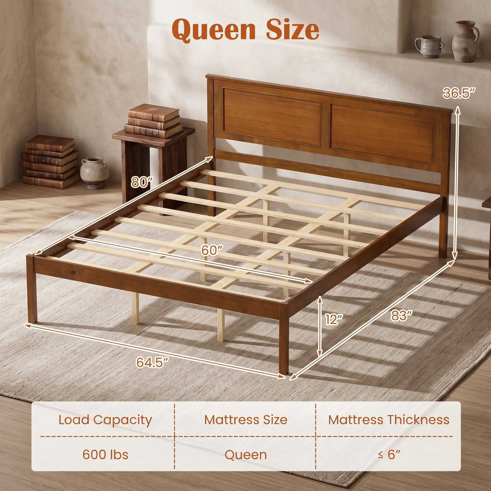 Furnibear Queen Bed Frame, Wood Platform Bed Frame with Paneled Headboard, Queen Bed Frame with Headboard for Farmhouse Bedroom, Walnut