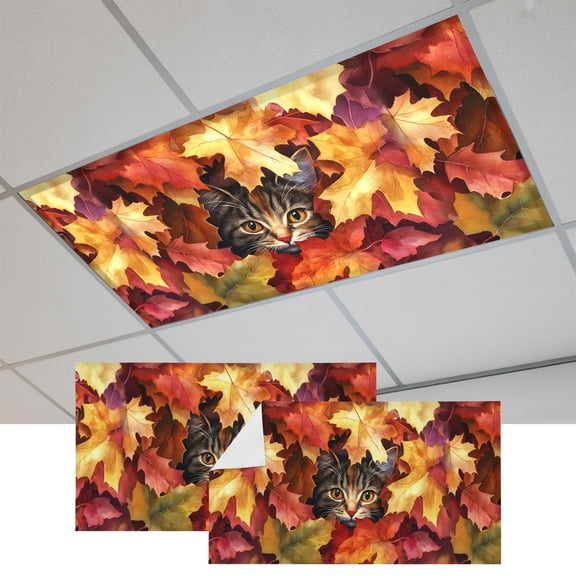 Fall Magnetic Fluorescent Light Covers for Ceiling Lights 2x4 Ft, Thanksgiving Farmhouse Cat in Maple Leaf Office Classroom Kitchen Drop Ceiling Light Covers Lighting Filters Shade Panel 2 Packs