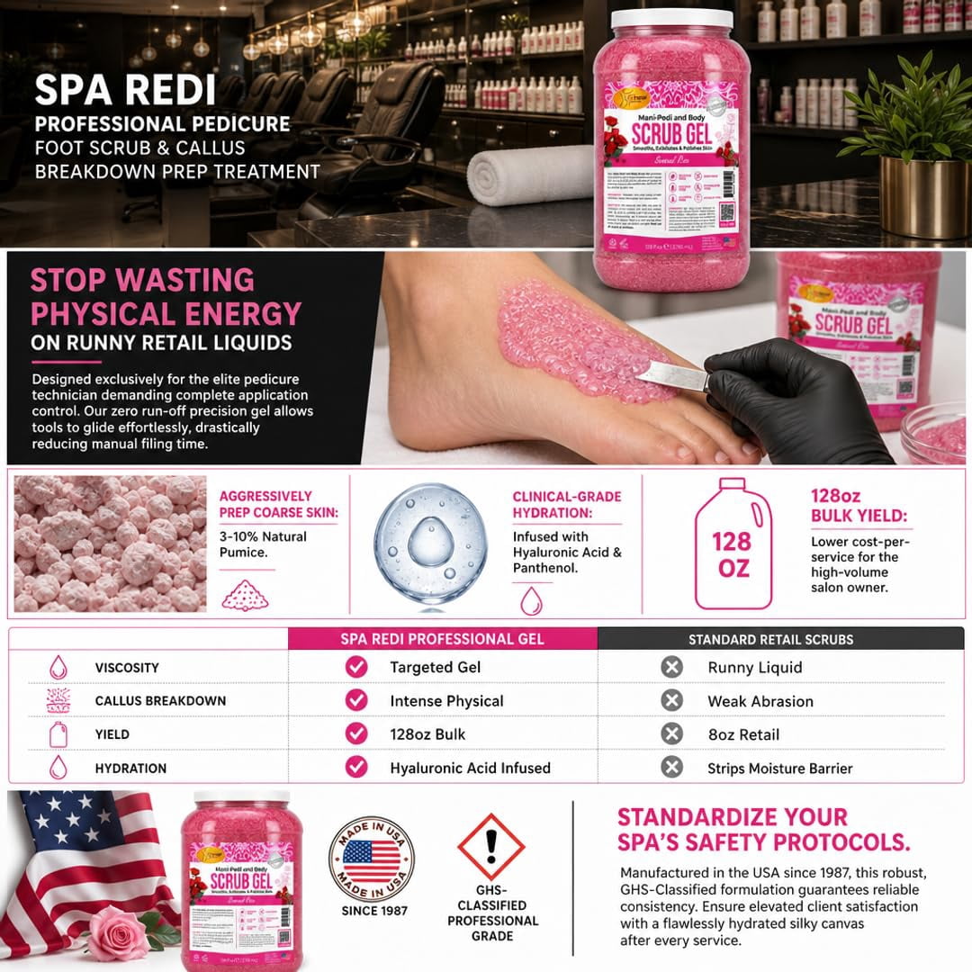 SPA REDI – Sensual Rose Pumice Scrub Gel, Exfoliating, Hydrating & Nourishing, Infused with Hyaluronic Acid, Amino Acids, Panthenol and Comfrey Extract for Glowy Smooth Skin – 128oz Gallon