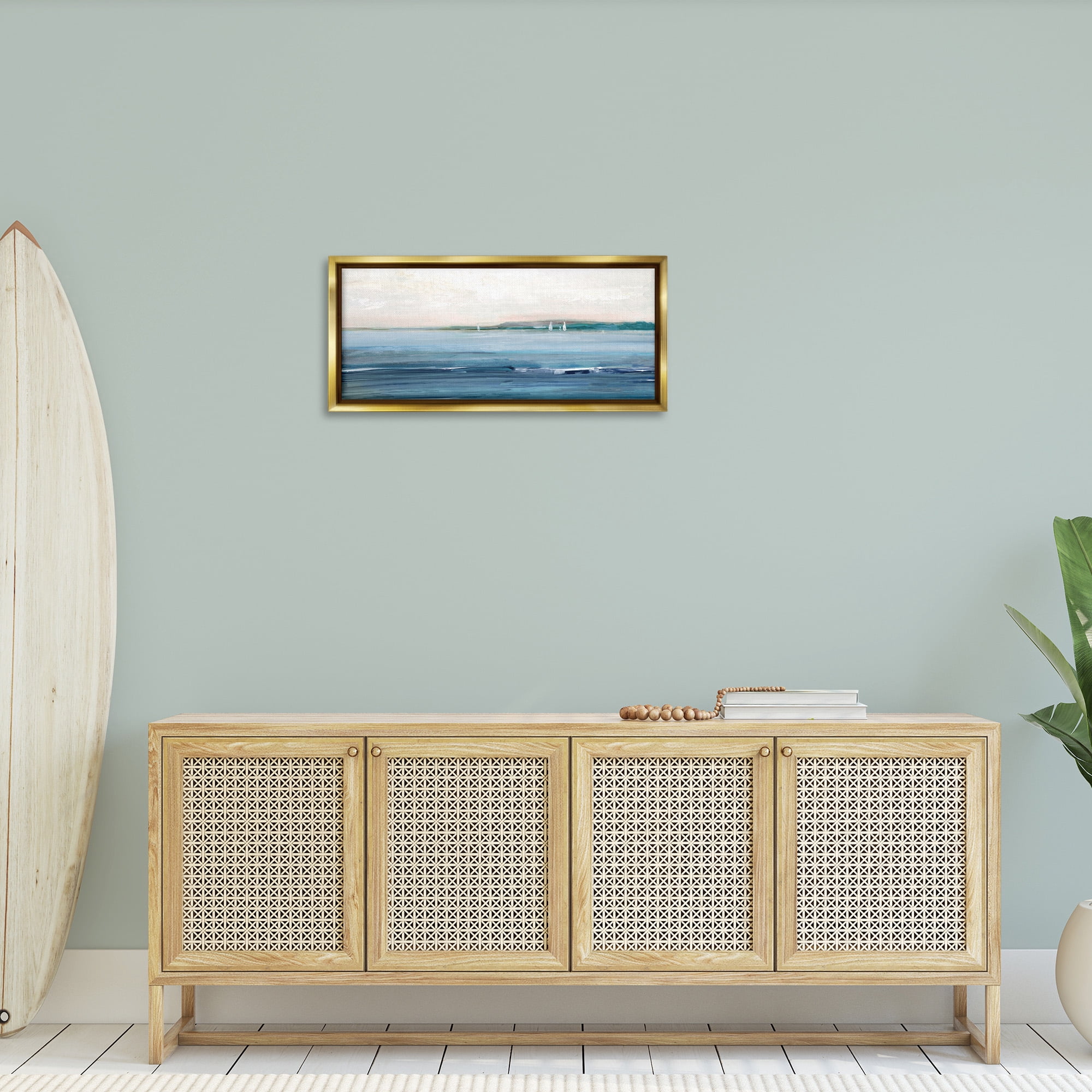 Stupell Industries Morning Sky Abstract Ocean Nature Painting Gold Floater Framed Canvas Art Print Wall Art, 31 x 14