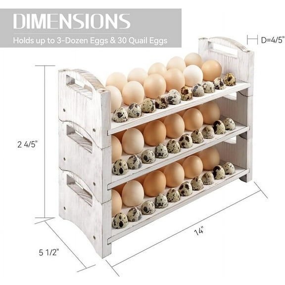 Wooden Egg Holder 3 Layer White Countertop Storage Rack for Chicken, , Turkey Eggs, Up to 36 Eggs
