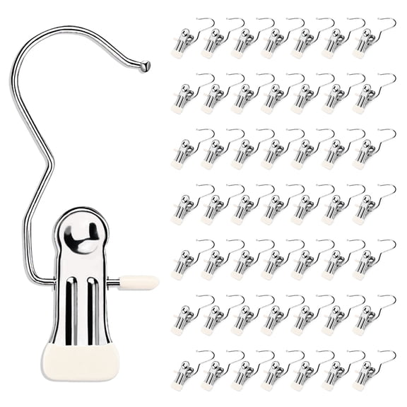 50 Pieces Boot Hanger Clips with Hook, Multifunctional Stainless Steel Clothes Pins, Space Saving Single Hanging Clips for Closet Pants Hats Socks Gloves Towels, White