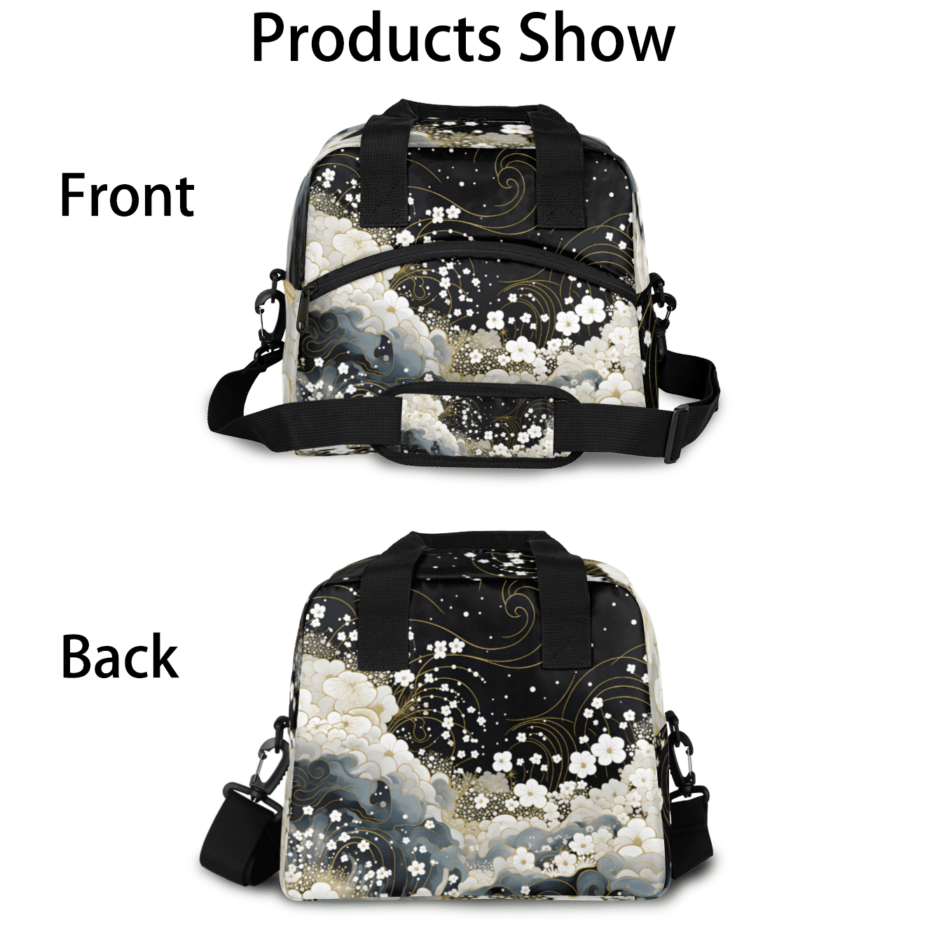 Herdesigns Floral Black White Insulated Lunch Bag for Women Men Adults Large Reusable Lunch Box Flowers Leakproof Cooler Tote Bags with Adjustable Shoulder Strap