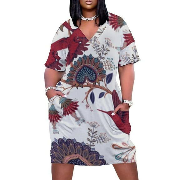 Floral Hummingbirds Elegant Design Pattern Women's Loose Short Sleeve Dress Casual Summer Plus Size Long Dresses with Pockets