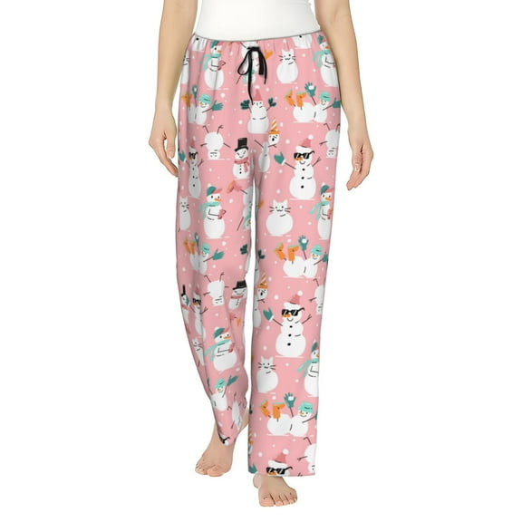 Logiee Cute Pink Snowman Cat Print Women Pajama Pants,Comfy Pj Bottom with Pockets & Drawstring,Stretch Casual Sleepwear-Small