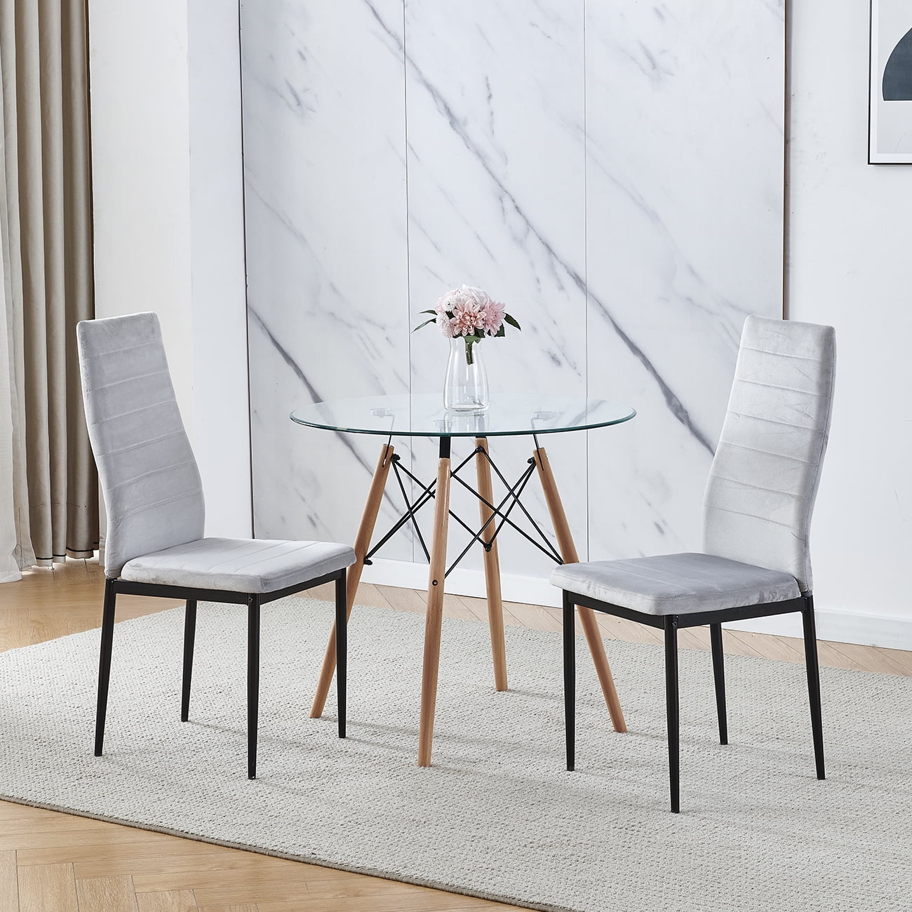 Set of 3 Dining Table Chair Set Round Glass Dining Table Small Kitchen