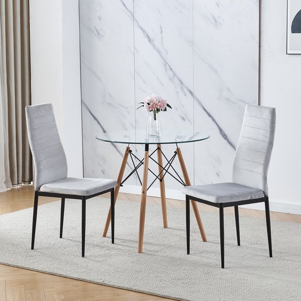 Set of 3 Dining Table Chair Set Round Glass Dining Table Small Kitchen Table Modern Circle