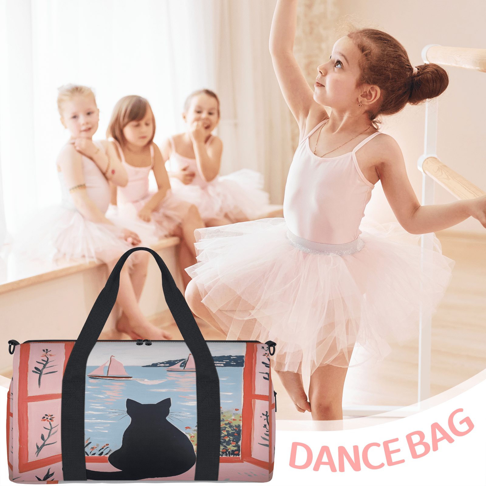 Herdesigns Cute Gym Bag for Women, Black Cat Duffle Bag for Travel Sport, Lightweight Waterproof Carry on Weekender Overnight Dance Yoga Workout Bags