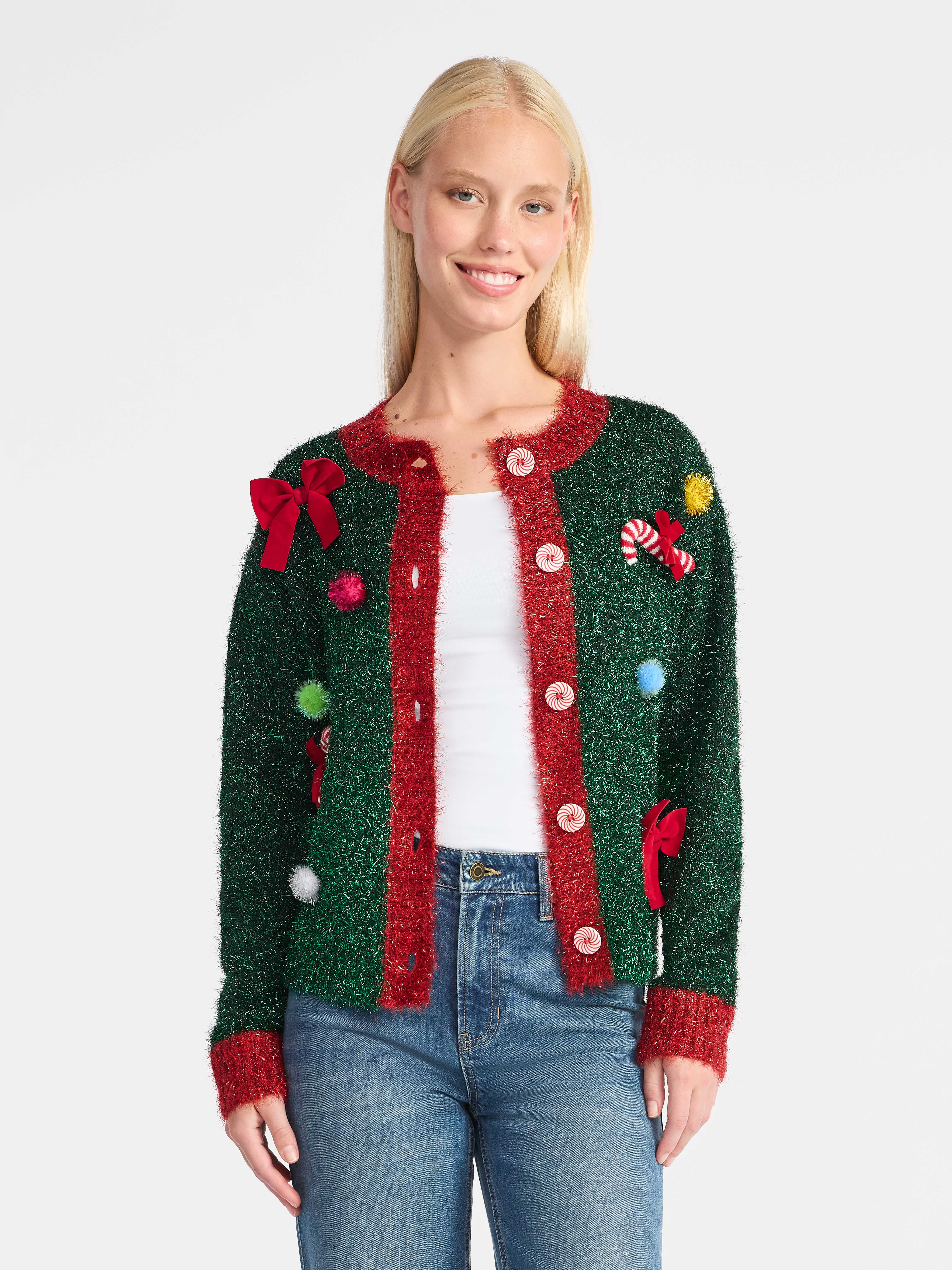 33 Degrees Women's Ugly Christmas Sweater Cardigan, Black Flamingo