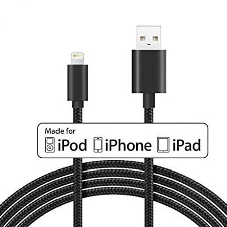MFI Certified 10-Foot Black Braided Charge and Sync Lightning Cable for iPhone,