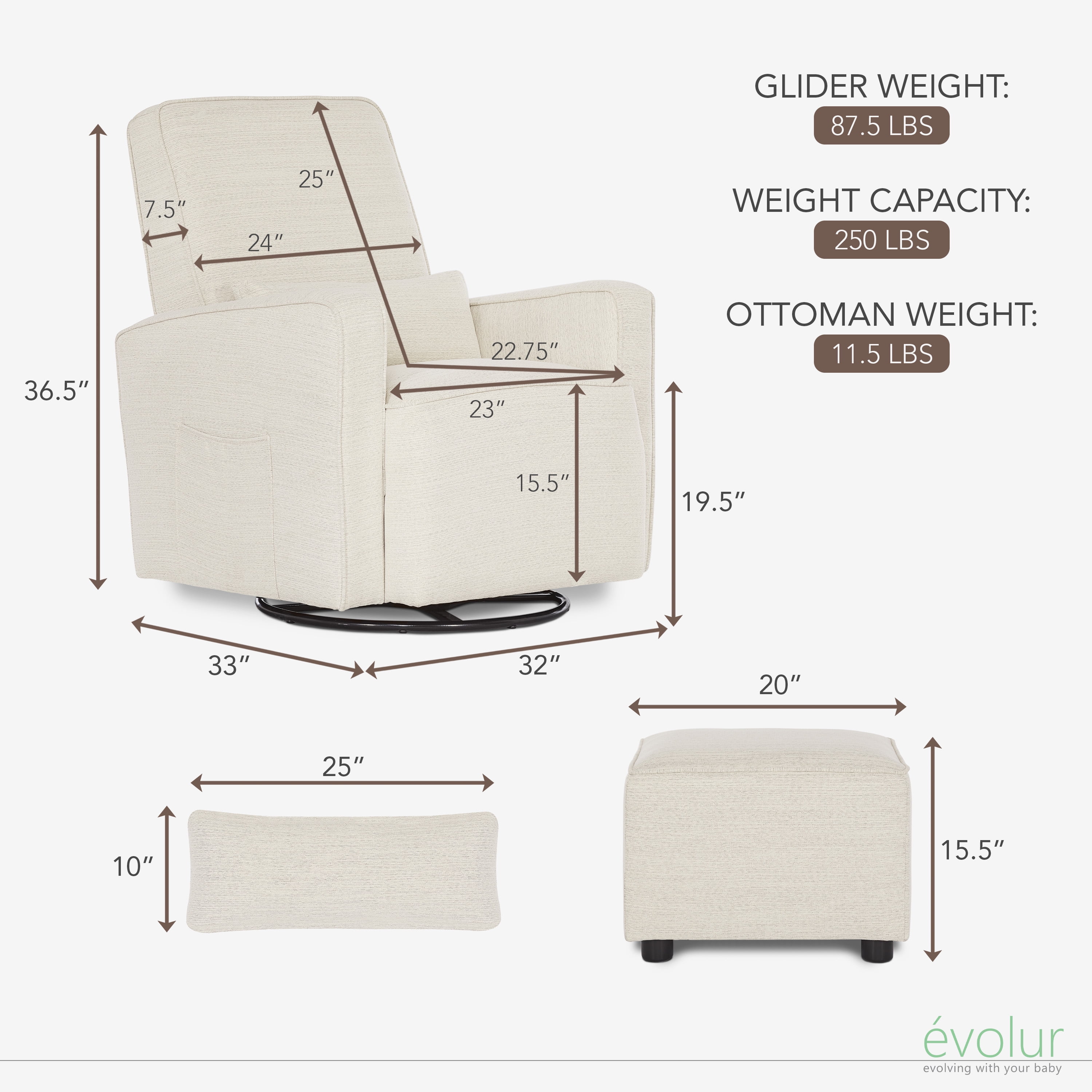 Evolur Holland Upholstered Swivel Glider | Rocker I Included Lumbar Pillow I Modern Design, Thunder