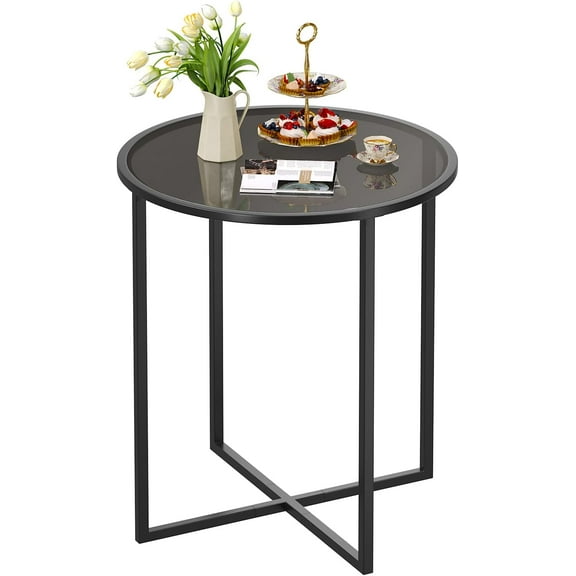 Round Dining Table Small Kitchen Table Black Glass Dining Table 26.7'' Multifuntional Modern Dining Room Table for 2 Space Saving Kitchen Table,Easy Assembly, All Black