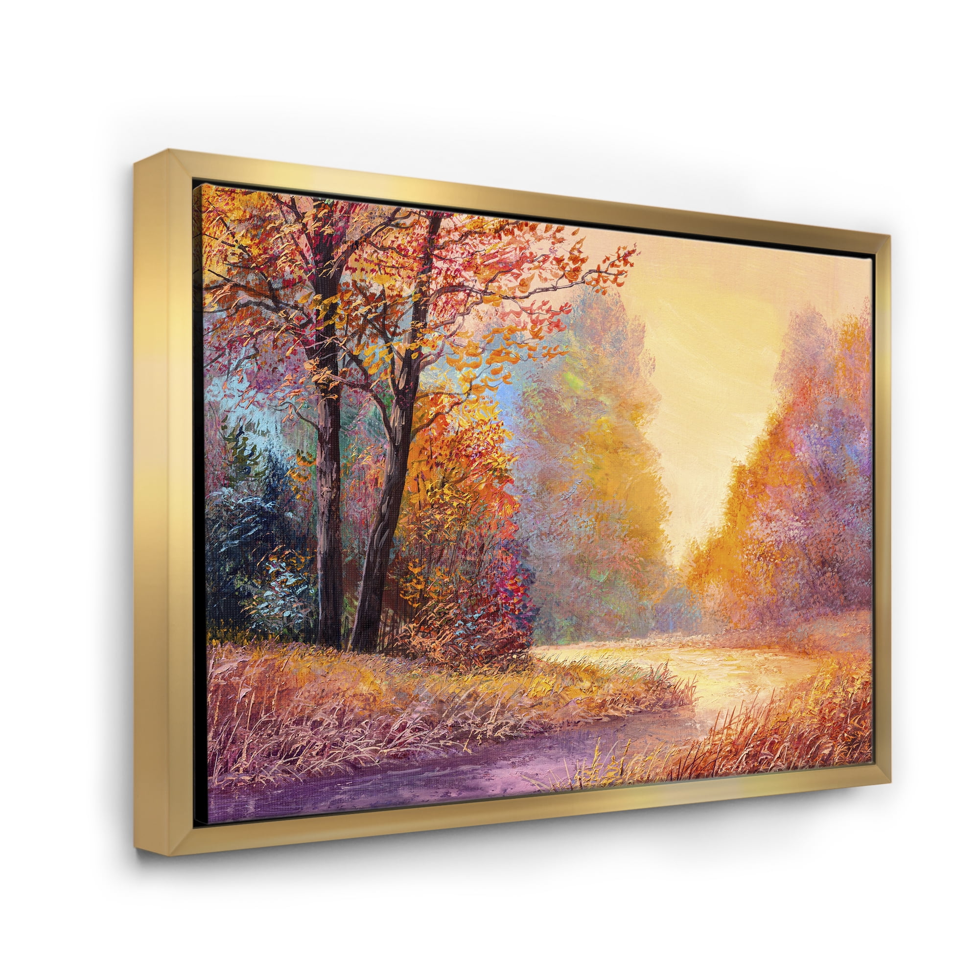 Designart 'The Autumn Forest Orange Leaves Landscape With Path' Lake House Framed Canvas Wall Art Print