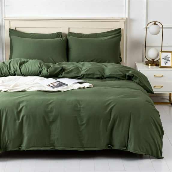 ALOANES 3-Piece Green Cotton Duvet Cover Set King with Zipper Closure & Corner Ties, 1 duvet cover and 2 pillowcases