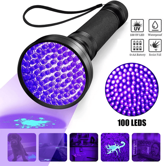 Puseky UV Black Light Flashlight 100 LED Light Handheld Blacklight 395 nM Detector for Pet Urine, Stains, Bed Bug and Scorpions, Torch Ultra Violet Flashlight