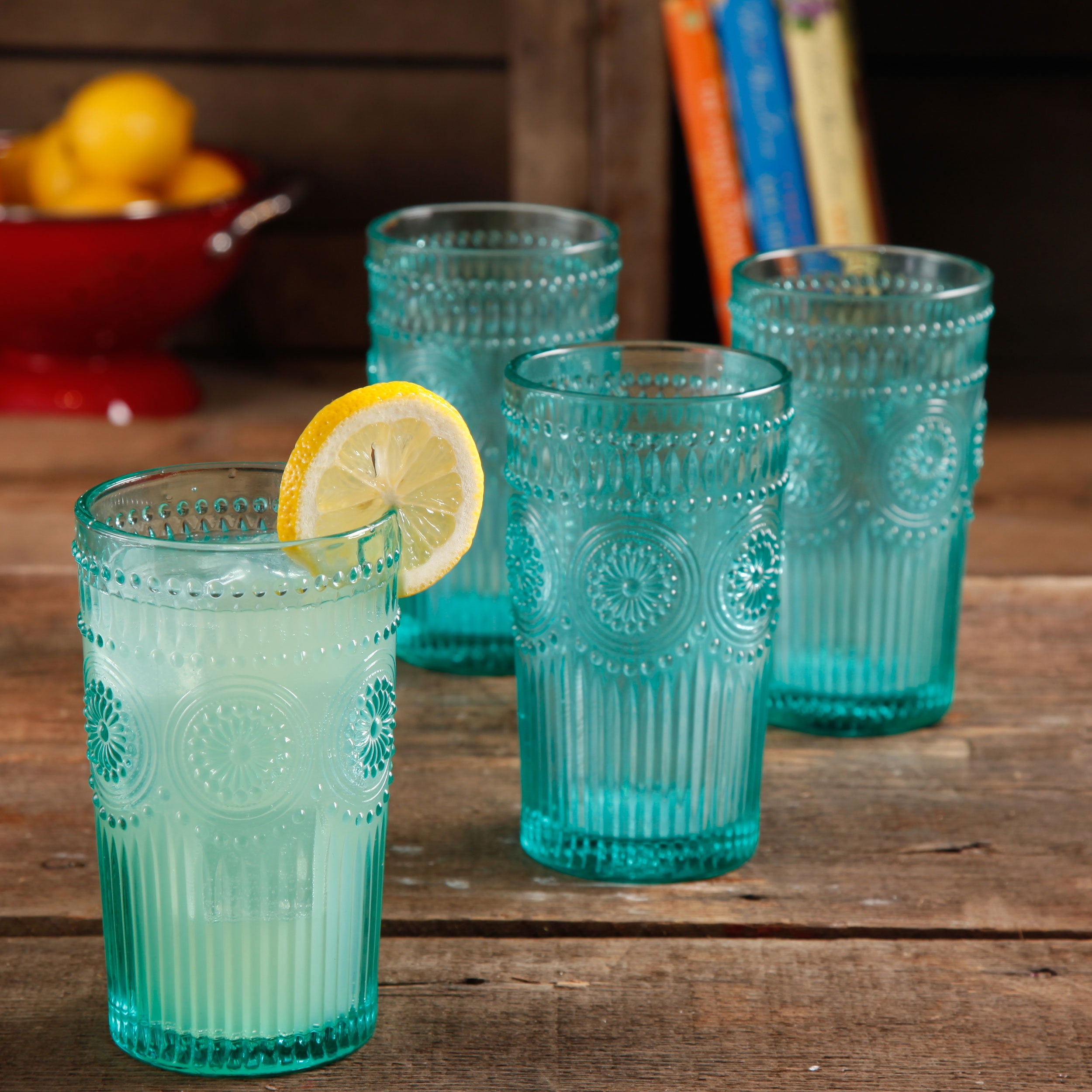 Set of 4 for sale online The Pioneer Woman Adeline 16oz Emboss Glass Tumbler Turquoise 