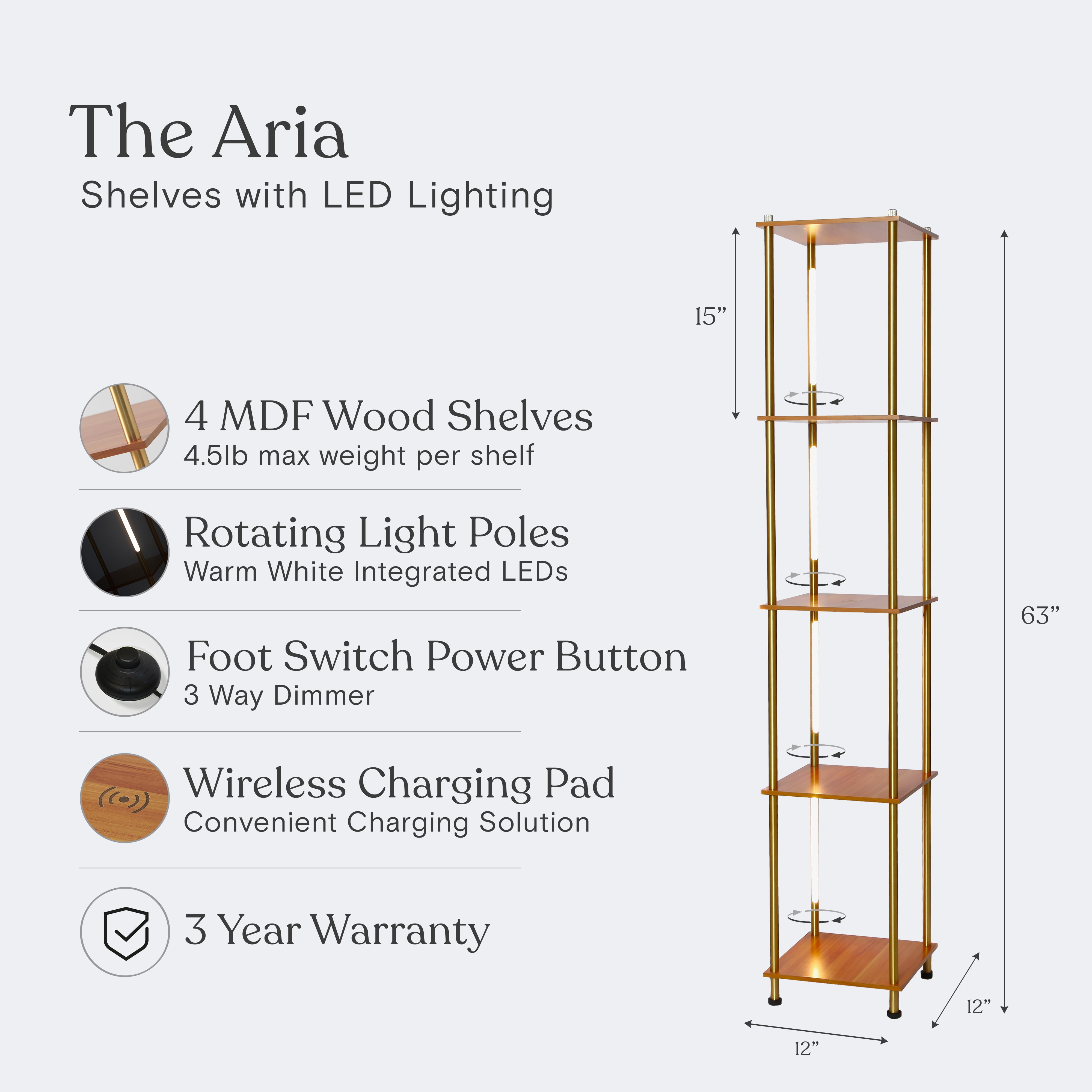 Brightech Aria Metal Shelf Floor Lamp with Wireless Charging Station– Narrow Free Standing Nightstand LED Lamp – Column Tower Stand Up Lighting for Living Rooms & Bedrooms – Gold/Brass