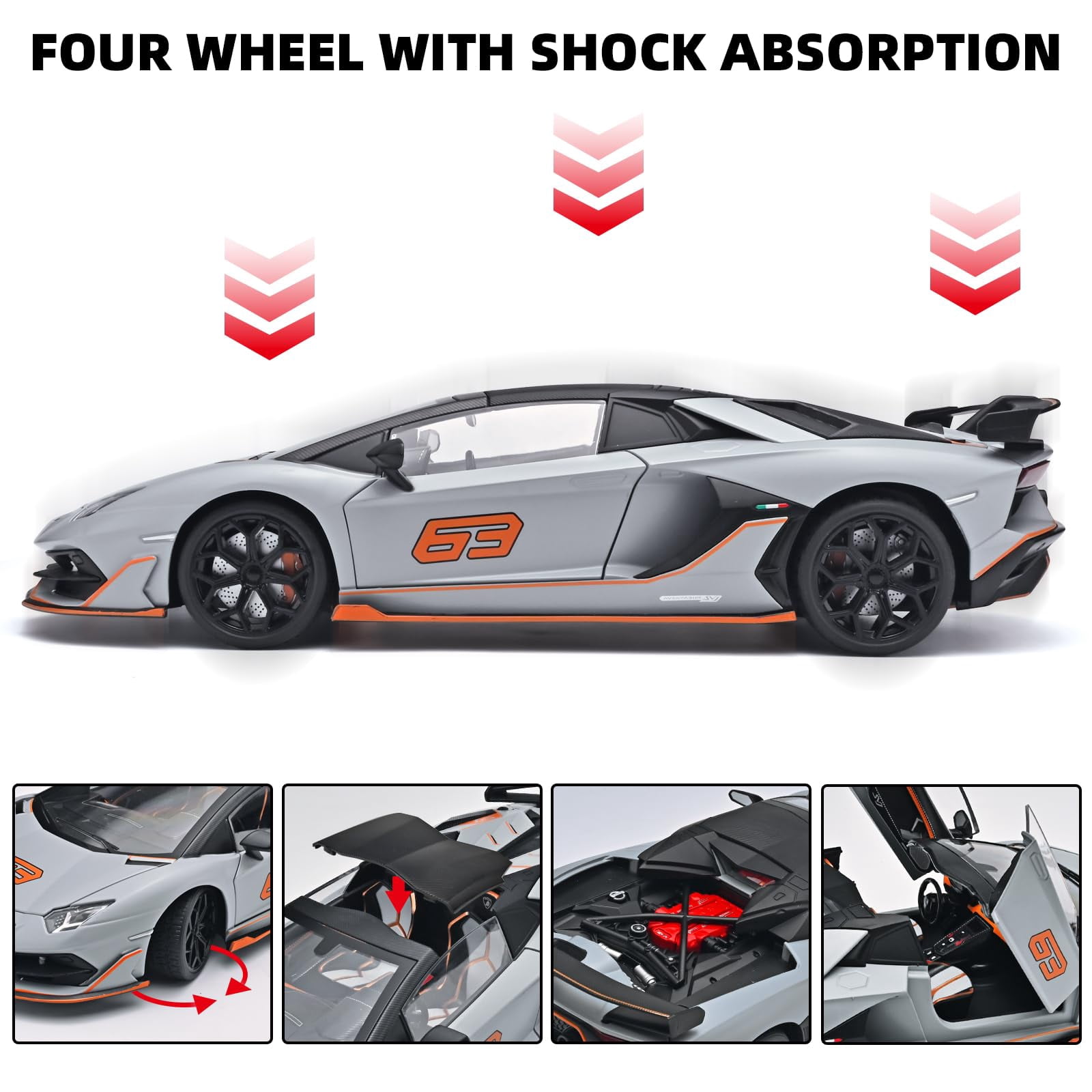 CHUNYAN 1/18 Diecast Cars Lambo SVJ 63 Model Car Kits,Lambo Collectibles Model with Light and Sound,Race Cars for Kids Ages 4-8(Black)