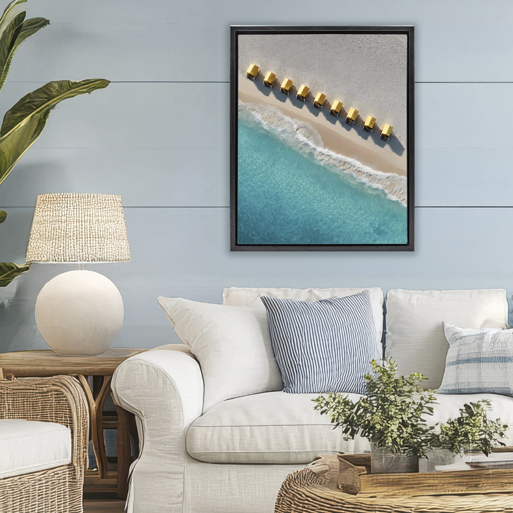Stupell Industries Yellow Cabanas Along Shore Black Framed Floater Canvas Wall Art, design by Franklyn Gregory