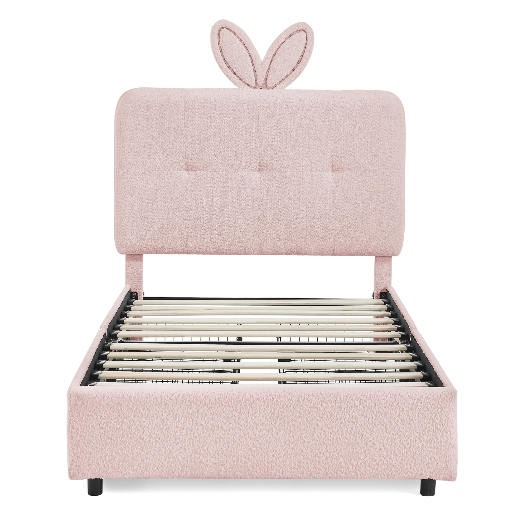 Noble House Bertis Twin Size Boucle Kids Bed, Rabbit Ear Headboard Bed Frame with LED Light and Storage Drawers, Pink