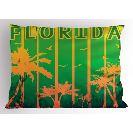 Florida Pillow Sham, Coastal City in California Worn Out Composition with Beach Trees, Decorative Standard Size Printed Pillowcase, 26 X 20 Inches, Lime Green Fern Green Orange, by