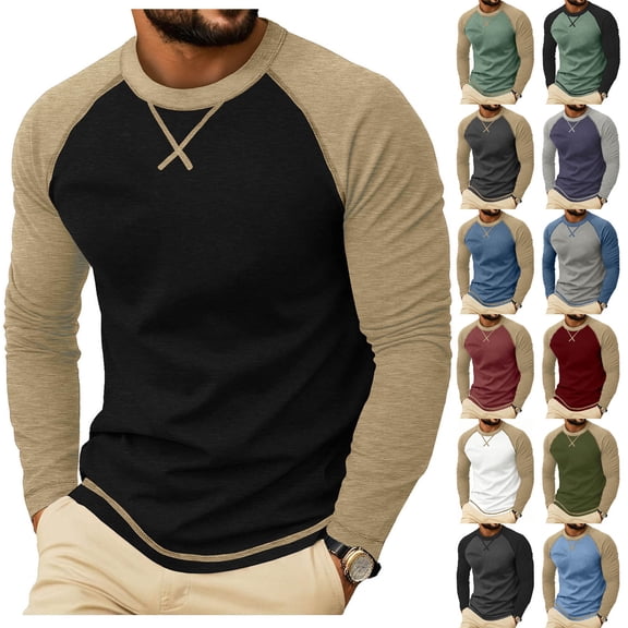 Raglan Shirts for Men Colorblock Pullover Casual Long Sleeve Tops Crewneck Fall Spring Winter Basic Tees (XL, Black)
