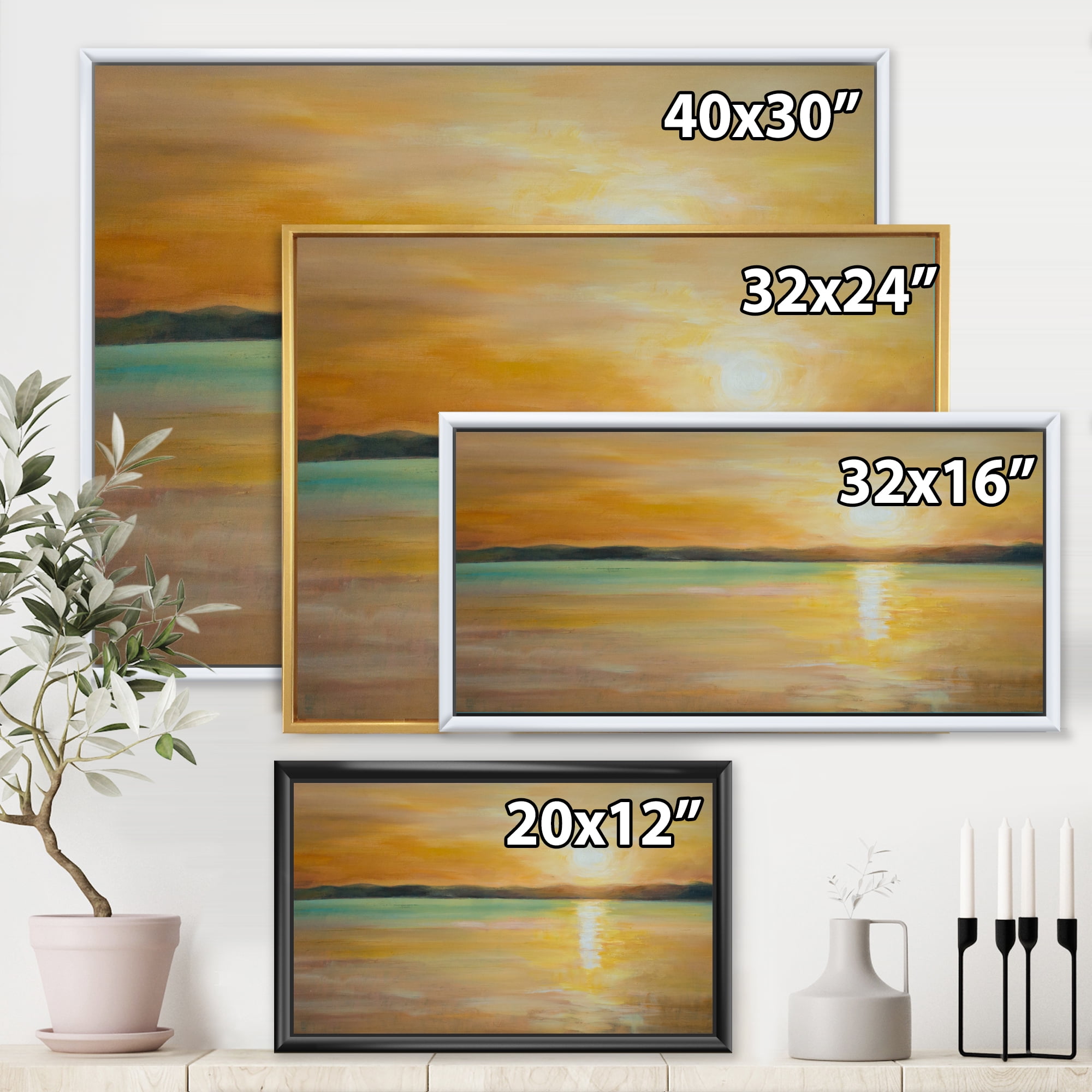 Designart 'Abstract Yellow Sunset At The Horizon' Nautical & Coastal Framed Canvas Wall Art Print