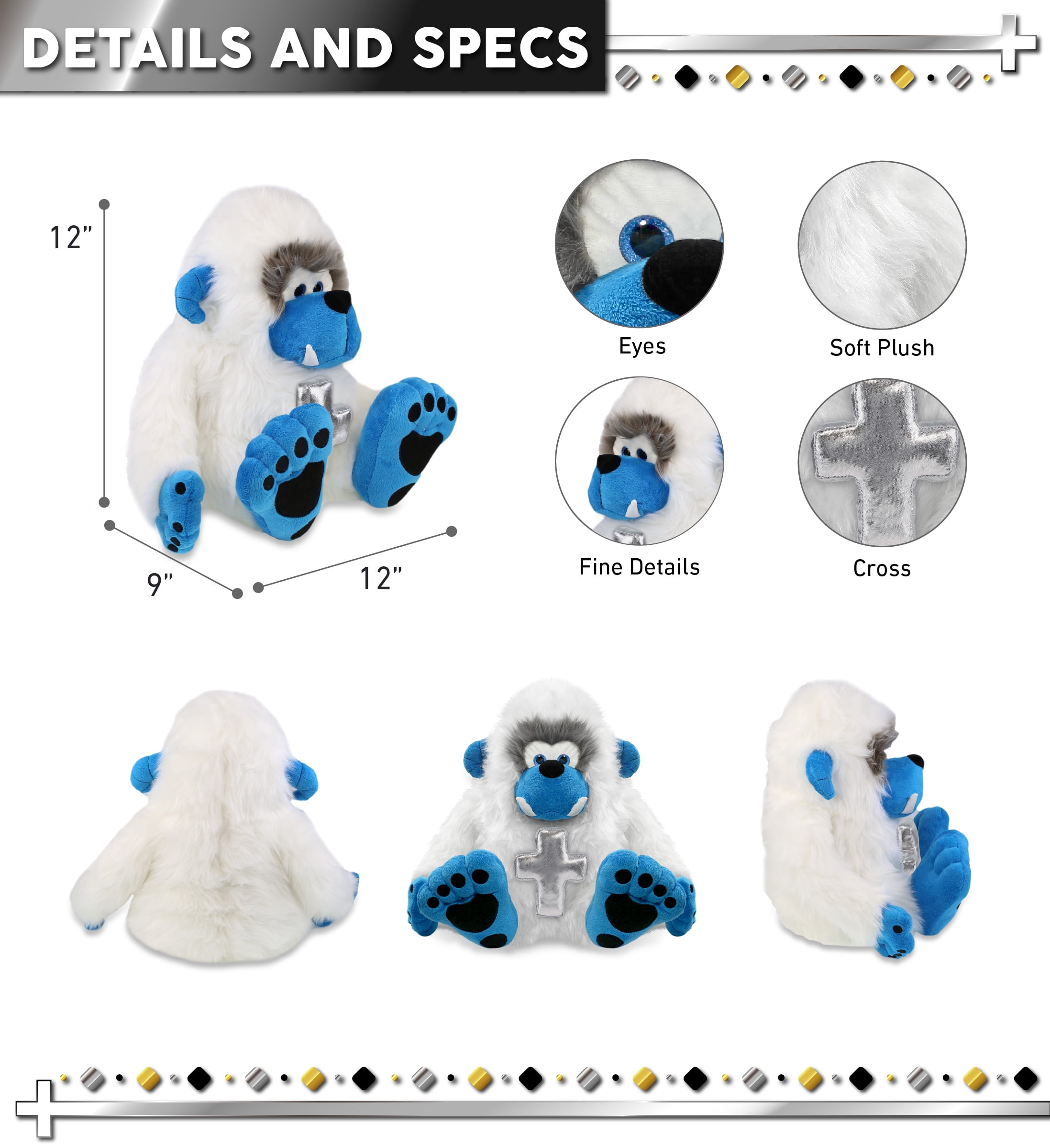 DolliBu Super Soft Yeti Stuffed Animal with Silver Cross Plush - Religious Baptism Gifts for Boys and Girls, Dedication Christening Gifts Plush Prayer Toy Healing Stuffed Animal - 12 Inches