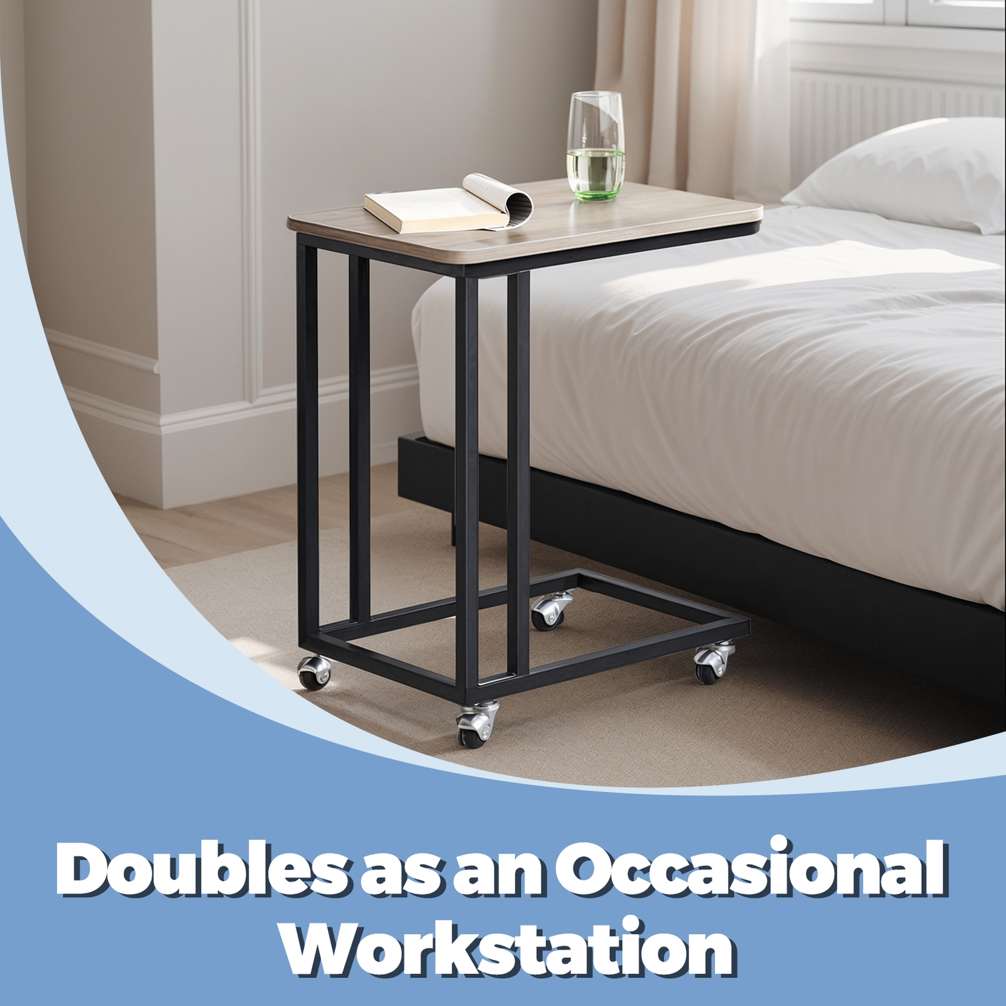 LEDREM C-Shaped End Table with Wheels, Industrial Rolling Side Table for Sofa & Bed, 23.6 Inch Mobile TV Tray, Greige & Black