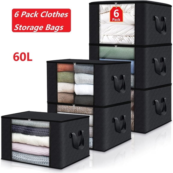 6 Pack Clothes Storage Bag Bin with Lid Handle Clear Window, 60L Foldable Closet Organizers Storage Containers for Clothing, Blanket, Comforter, Toys, Pillows, Clothes, Black