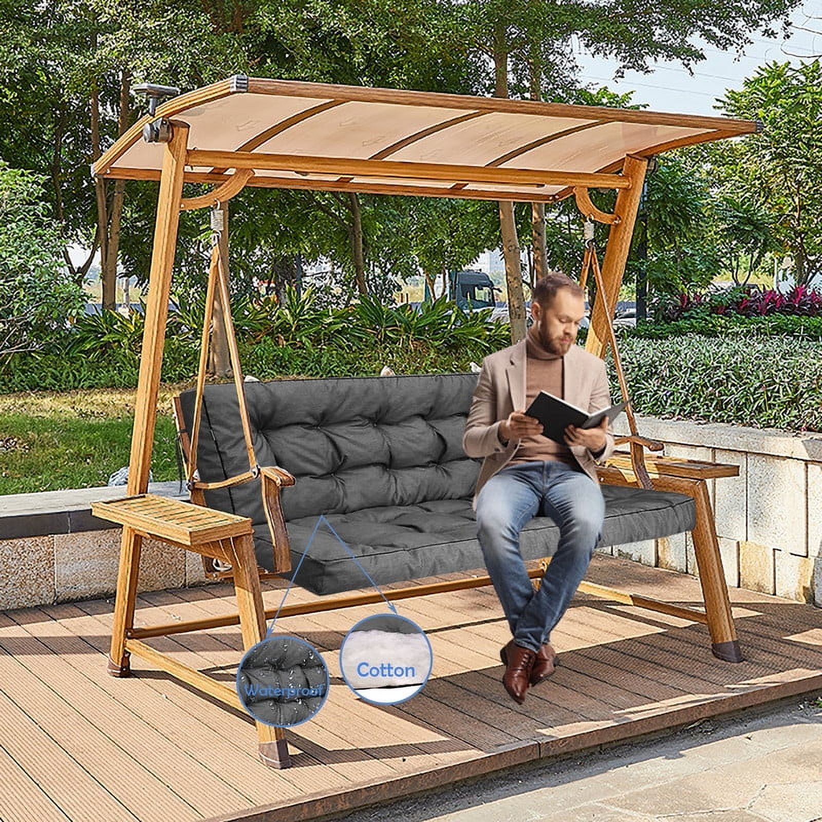 Porch Swing Cushions, Swing Cushions 3 Seater Replacement with Backrest, Thicken 4" Waterproof Bench Pad Cushions, Outdoor Loveseat Cushions Non-Slip Chairs Pad (Dark Gray)