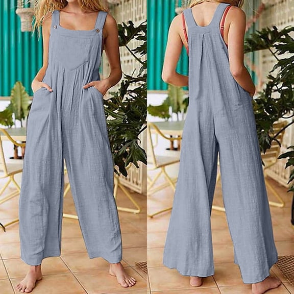 Baqcunre Rompers for Women 2023 Casual Solid Color Straps Wide Leg with Pockets Vintage Jumpsuit Pants for Women Jumpsuits for Women Overalls for Women Loose Fit Womens Clothes Blue L